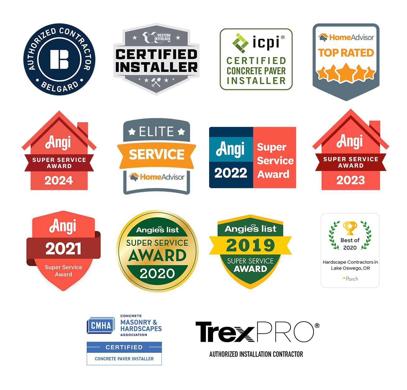 Certifications and awards — Angi Super Service, ICPI Certified, HomeAdvisor Top Rated, TrexPRO